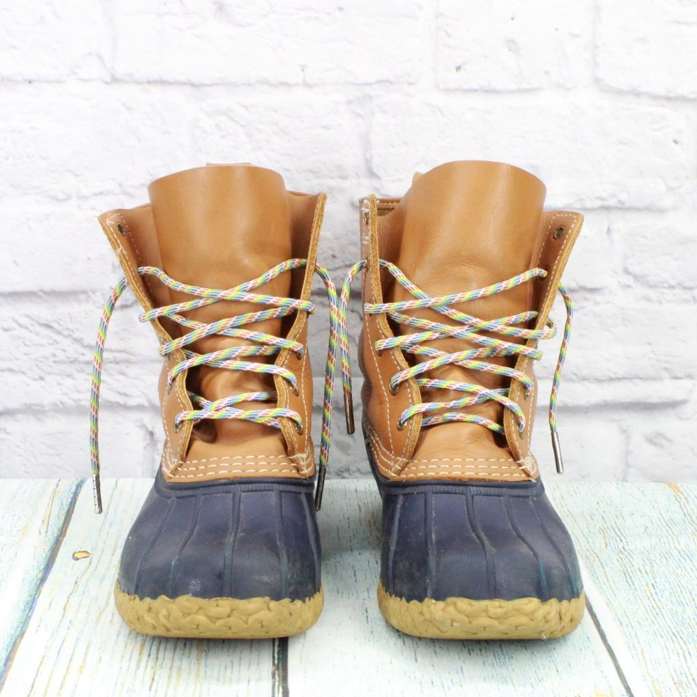 LL Bean Brown Leather Lace Up Round Toe Ankle Duck Boots Size 9 Medium - Picture 4 of 9